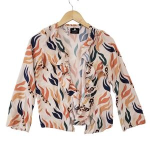 Standard Issue Womens Abstract Print Ruffle Open Front Cardigan Artsy Electric